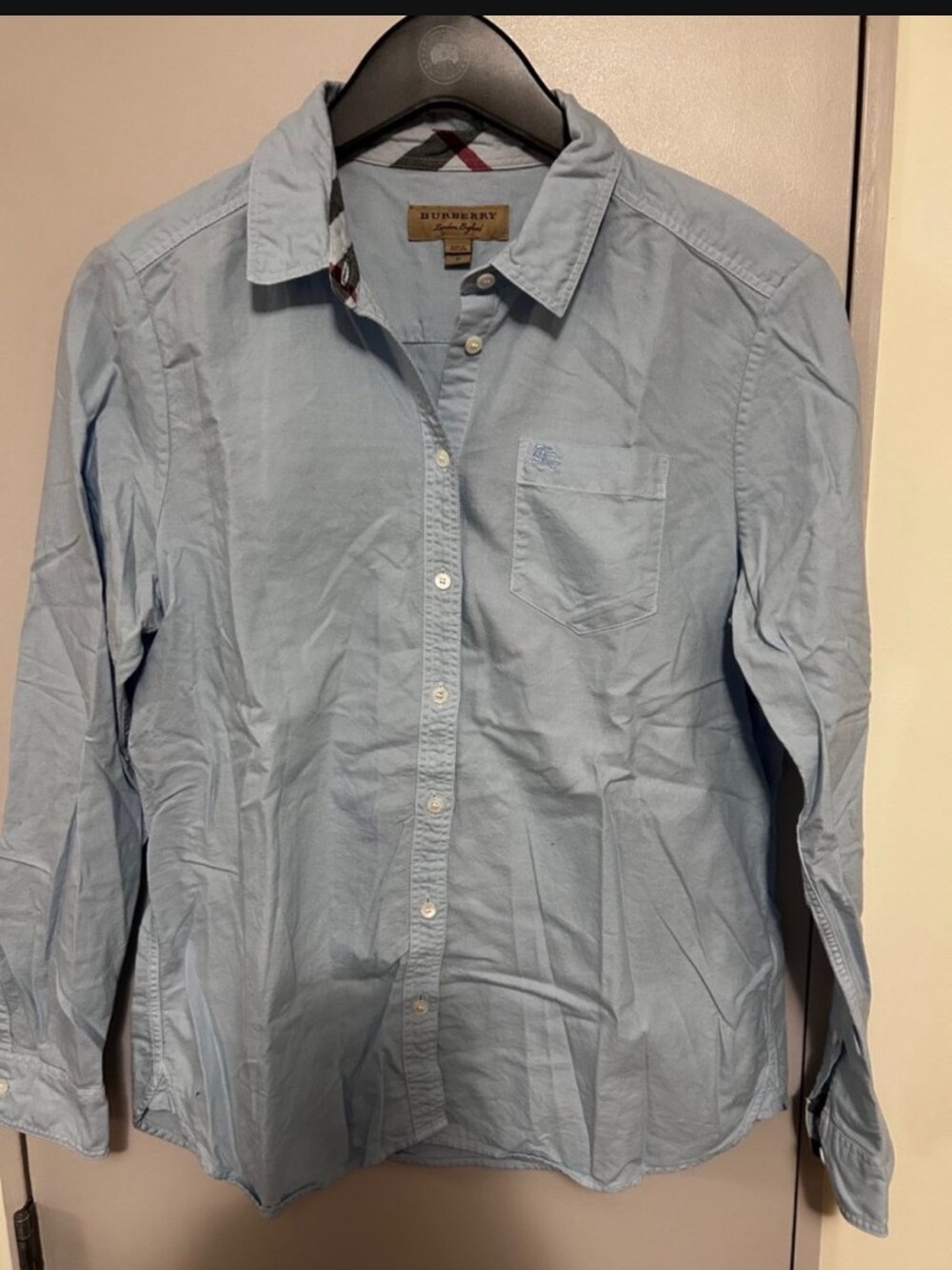 Burberry Light Blue Button Down Shirt Check Trim Pocket Women's M